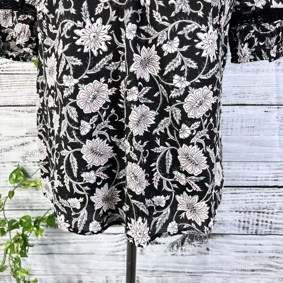 C&C California Blouse Top sz Small Black Pink Night Floral Peasant Boho Prairie - Picture 8 of 13